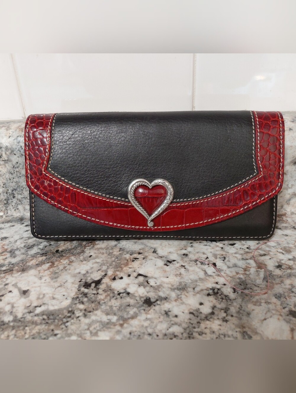 Women's Brighton Black Leather and Red Heart Wallet Clutch